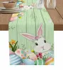 Easter Bunny Eggs Rabbit Spring Flowers Blue Streak Linen Table Runner Farmhouse Holiday Kitchen Dining Party Wedding Home Decor