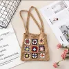 Women Boho Woven Tote Summer Beach Handbag Floral Handmade Weaving Shoulder Bags Hand Crochet Bag Flower Stitching Shopper Bag