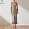 Повседневные платья Vazn 2024 Fashion Women Women High Street Style Long Dress Dlouveless v Neck Pure Color Lady Low