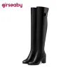 Boots Girs Sexy Ladies Mid Block Heel Over Knee Boots Zip Pu Leather Water Proof Big Size 52 Party Warm Winter Plush Black F1292