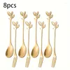 Dinnerware Sets 8pcs Gold Leaf Handle Small Coffee Fork And Spoon Set Stainless Steel Rose Appetizer Cake Fruit Tasting Dessert Fo