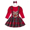 Clothing Sets Born Baby Girl Christmas 3Pcs Outfit Ruffled Long Sleeve Romper Elk Embroidery Plaid Skirt Bow Headband Set