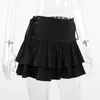 Kjolar veckade mini kjol svarta kvinnor sommar hög midja bandage ruffle tiered gothic gata sexig korsbindning upp a-line