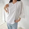 Blusas para mujeres de buena calidad Original 2024 Summer Japón y coreano burbuja hueco burbuja Camiseta casual de color sólido medio para mujeres