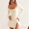 Basic Casual Dresses Soft Dress Trendy Womens Square Neck Mini Slim Fit High Waist Long Sleeve Split Hem Solid Color For Spring Fall D Dhmy1