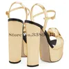 Sandaler Kvinnor Fashion Open Toe Ankel Wrap Bowtie Chunky Heel Gold High Formal Dress Shoes