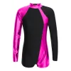 Barnflickor Metalliska gymnastik Leotard Color Block Ballet Dance Jumpsuit för Teen Long Sleeve Acrobatics Figur Skating Bodysuit