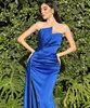 Elegant Long Royal Blue Satin Prom Dresses With Split Mermaid Scalloped Pleated Sweep Train Vestidos de noche Sage Evening Dresses for Women