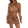 Casual Dresses Women's Satin Dress Long Sleeve Round Neck Elastic Lace Waist Elegant Cocktail Fashion Flash Sale Promotion