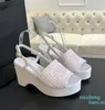 2024 Women Summer Open Toe Platform Wooden sole Sandals Weave Cross Band Chunky Heeled