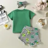 Clothing Sets Infant Baby Girls Summer 3 Pieces Outfit Green Short Sleeve Letter Print T-Shirt Tops Clover Stripe Shorts Headband