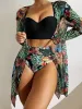 Set di bikini sexy sexy da 3 pezzi 2023 Donne coprono costumi da bagno femminile da bagno stampato tropicale spingendo su abiti da bagno a maniche lunghe.