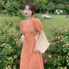 Partykleider süßes Temperament Blumenkleid Sommer V-Ausschnitt Single Breace-up Puffhülle Lange koreanische Mode Frauen Druck