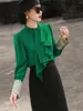 Kvinnor BLOUSES 2024 SPRING RETRO KONTRAST FÄRG RUFFLED SYCKING PEMUTER SHIRT FODE Lång ärm Stand Collar Elegant Blus Women Top