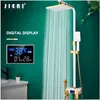 Jieni Black LED 디지털 샤워 세트 욕실 벽 장착 온도 조절 샤워 시스템 핫 콜드 믹서 목욕 수도꼭지 스퀘어 스프레이