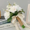 装飾的な花ブライダルブライドメイドウェディングブーケホワイトシャンパン人工バラシミュレートされた装飾弓タッセルハンドブーケ