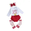 Kläder sätter spädbarn baby flicka första valentins dag outfit långärmad romper med spets shorts och pannband 5 st fader set