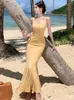Casual Dresses Yellow Sexy Club Backless Mermaid Wrap Hip Long Women Sleeveless Tank Bodycon Knit Dress 2024 Elegant Prom Party
