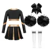 Kids Girls Cheerleading Uniform Long Sleeve Crop Top with Pleated Skirt Sets for Sports Cheer Up Dance Performance Competition