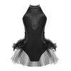 Scene Wear Tulle Feather Kirted Bodysuit For Kids Girl Ballet Dance Tutu Gymnastics Leotard Rhinestone Sheer Mesh Figur Skating Jumpsuit