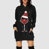Casual Dresses Christmas Women Hoodie Dress Fashion Red Wine Glasss Print Bag Hip Pocket Pullovers Sweatshirt Mini Vestidos