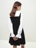 Robes décontractées fsle Col de remin-down Femmes Black White Patchwork Design Helpe-Longue Puff Sleed Female Robe A-Line