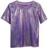 S5XL Womens Sparkly Shiny Metallic Holographic Round Neck Short Sleeve Casual Loose Top Festival Party Tee Shirt Female Clothes 240409