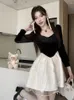 Casual Dresses Woman Large Size Splicing Square Neck Long Sleeve Sub French Style Senior Sense Chic Sweet Princess Tutu 2024 Autumn