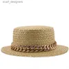 Brede rand hoeden emmer hoeden nieuwe vrouwen natuurlijke tarwe stro hoed gouden ketting meisje boot hoed derby strand zon hoed cap dame zomers brede pig beschermhoeden y240409