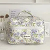 Koreaanse gewatteerde blauwe make -uptas met bloemen met drie maten Zipper cosmetische tas voor vrouwen doosvorm opslag Handtas 240327