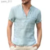 Men's Casual Shirts High quality mens linen V-neck bandage T-shirt solid color long sleeved casual cotton top yq240409