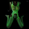 Beha's stelt sexy glow in the dark fishnet porno bodysuit vrouwen lingerie open open crotch bodystockings party club lumineuze sekskleding