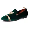 Boots Harpelunde Men Sapatos de casamento deslizam em chinelos verdes Selppers de metal dourado Círculo plano Tamanho 714