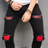 American Fashion Black Red Patchwork Herren Jeans High Street Korean Slim Hose gerissen Loch Hip Hop Männliche Denimhose 240407