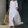 Vestidos casuais vestido de manga longa elegante maxi com bolsos de pescoço em v para mulheres, curvoso de verão respirável e respirável