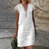 Casual Dresses Women Cotton Linen Dress Summer Female Vintage Short Sleeve Beach Sundress Loose Fit Hollow V Neck