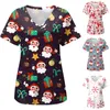 Christmas Nurse Uniform Women Medical Scrubs Santa Claus Elk Print Short Sleeve Pocket Overalls Carer Healthcare Working Uniform