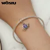 WOSTU 925 Sterling Silver Purple Lotus Flower Charm Gradient Clover Dragonfly Pendant Fit Original Bracelet Bangle Accessories