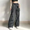 Women's Pants Y2K Long Mid Waist Women Loose Cargo Pant Comfortable Black Solid Color Vintage Relaxed Fit Drawstring With Large Pockets