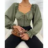 Damskie bluzki falbanki wiązane detale lantern rękaw Top design Tunik długi solidny swobodny bluzka koszule moda wiosenne lato