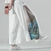 Men's Pants Chinese Style Printed Pattern Side Patchwork 2024 Summer Men Wide Leg Casual Polyester Ankle Length Trousers Loose