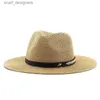 버킷 봄/여름 여성 넓은 가슴색 캐주얼 밀짚 모자 벨트 버클 파나마 재즈 모자 태양 통기성 해변 캡 Y240409