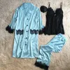 Ubrania domowe Zooolim Sleep Lounge Satynowa odzież śpiąca Kobiety Kobiety piżamie Zestaw piżamowy jesienna odzież nocna 3 sztuki Dame Dams z klatkami piersiowymi