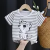 2024 Zomer Kinderen Cartoon T-shirt voor Baby Boy Animal Printing Dinosaur Cat Boys T Shirt Girls Tops Thees Striped Kids Deskled 240409