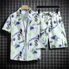Summer Mens Hawaiian Beach Conjunto de mangas curtas camisa floral shorts de seda de gelo 240321