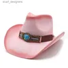 Brede rand hoeden emmer hoeden dames mode heren retro turquoise lederen band band holle-out bohemia cowboy western zomer stroming cowgirl zon hoed 58 cm y240409