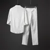 Ice Silk Linen Mens Set Spring Summer Losse pullover -tops en elastische taille broek Sportpakken Men Tweede stuks sets 240409