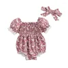 Kledingsets Baby Girl bloemenprint RUFFE ROMPER Zomeroutfit Puff met korte mouw Bodysuit Off Shoulder Jumpsuit Shorts Hoofdbanden