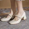 Sandaler franska casual chunky klackar för kvinnor kvinnor fyrkantiga tå skor pumpar läder vintage Mary Jane