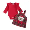 Clothing Sets Christmas Baby Girl Skirt Outfits Long Sleeve Rompers Deer Patch Plaid Suspender Skirts 2Pcs Clothes Set